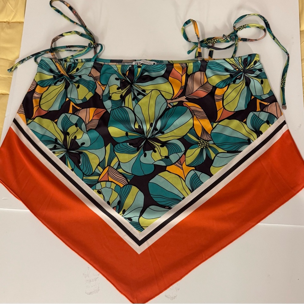 Zara Multicolor Floral Scarf Top with Orange Edge